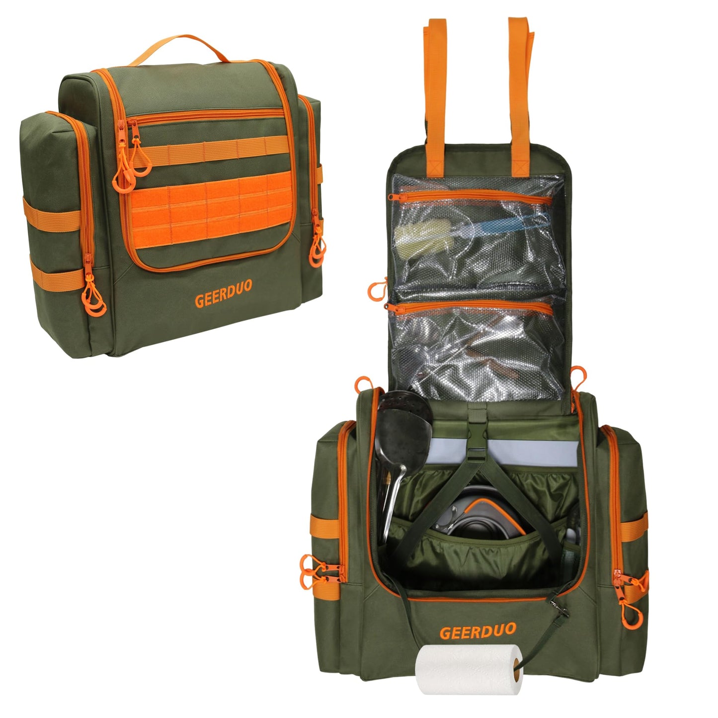 GeerDuo Tactical Camp Kitchen Organizer, Large Camping Utensil Storage Bag with Paper Towel Holder & Multi Pockets, Hanging Outdoor Cookware Organizer for Overlanding