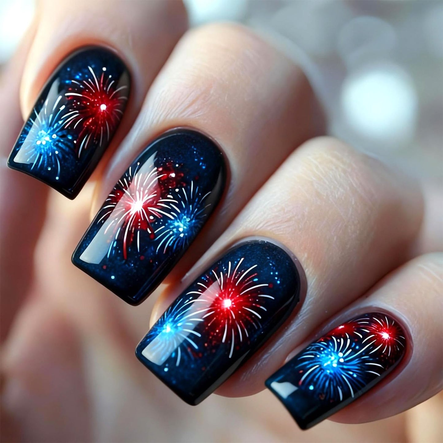 Firework Press on Nails Medium Square Fake Nails with Red Blue Fireworks Design Independence Day Artificial Nails Reusable Full Cover Glossy Stick on Nail for New Year Celebration24Pcs