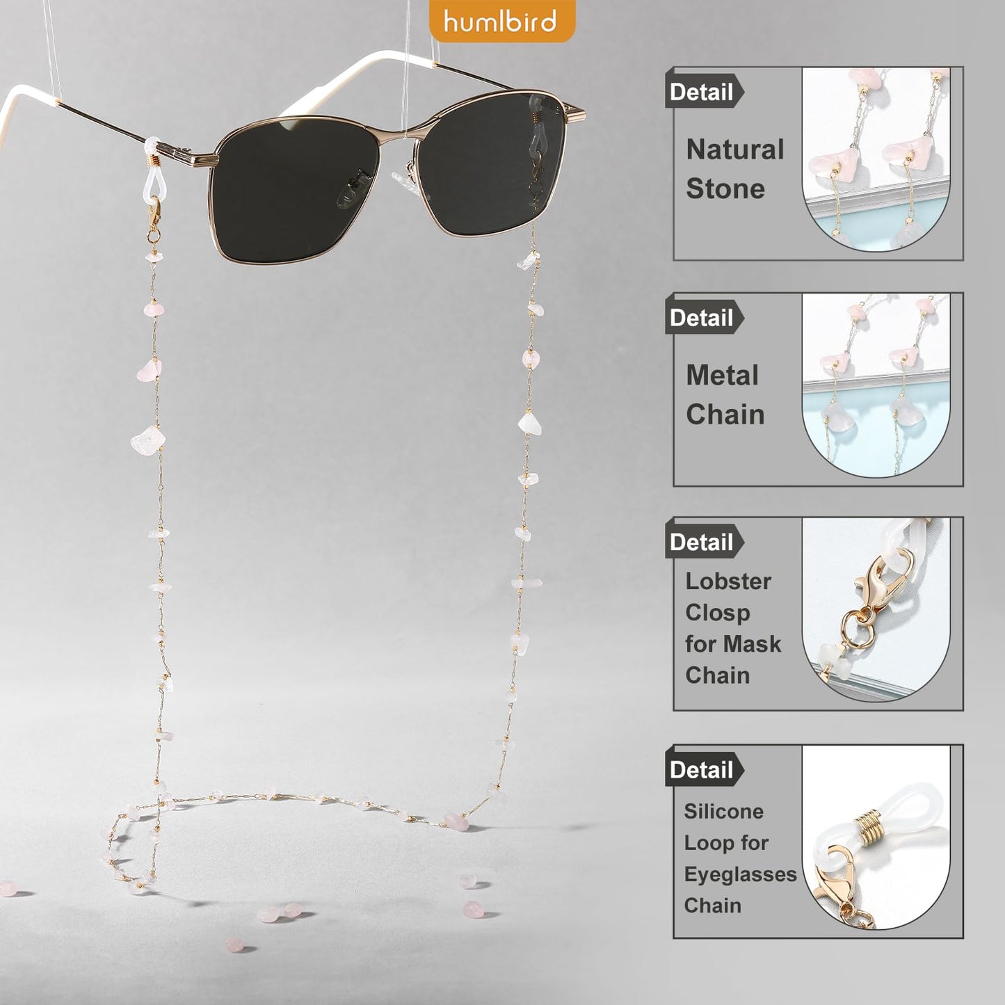 humlbird Eyeglass Chains for Women Stylish Glasses Lanyard Sunglass Chain Natural Crystal Mask Chain Eye Glasses Strap Pink-1