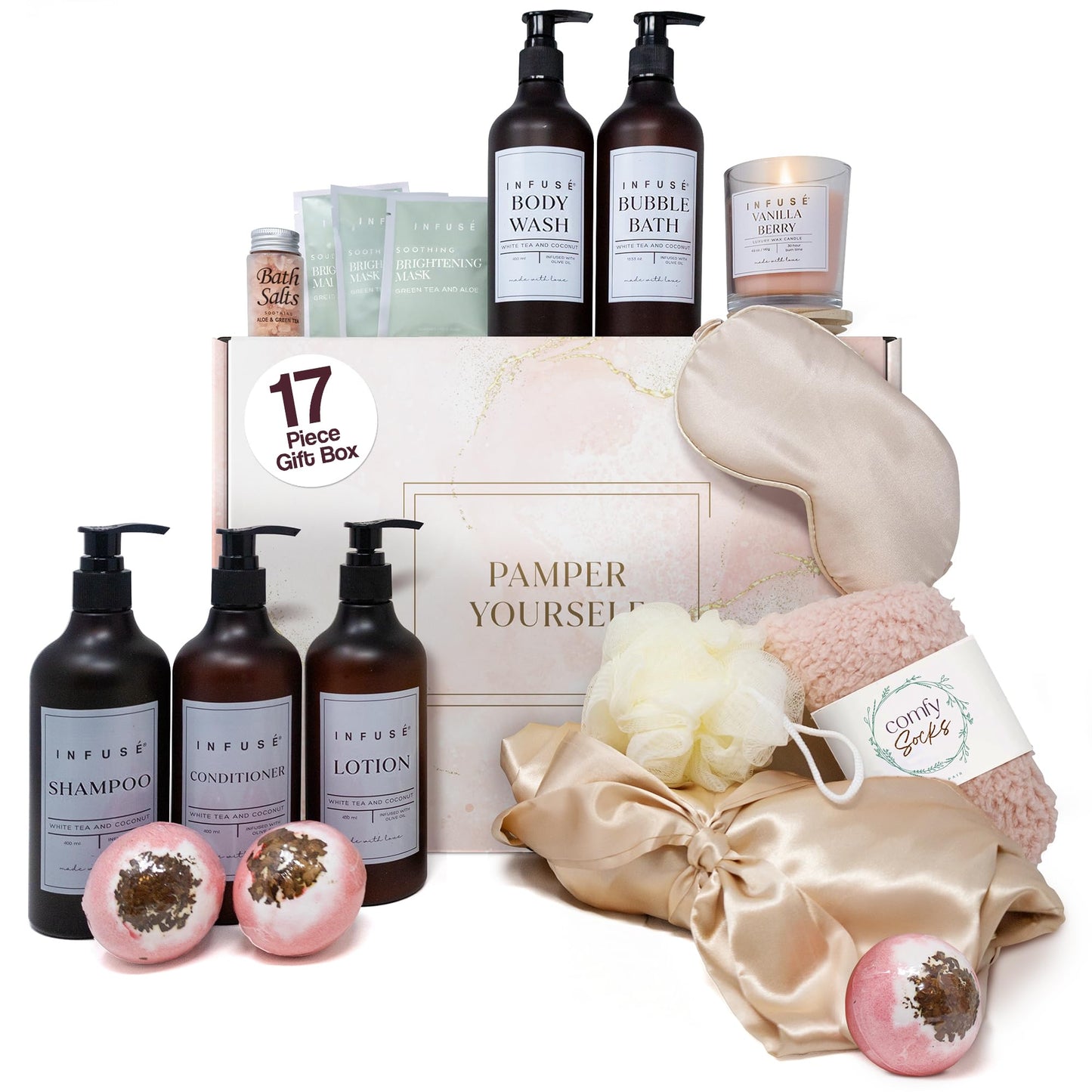 INFUSÉ 17-Piece Spa Gift Box for Women | Mother’s Day & Graduation Gift | Eye Mask, Candle, Robe, Loofa, Bath Bombs, Face Masks, Bubble Bath, Lotion, Body Wash, Bath Salt, Shampoo, Conditioner & Socks