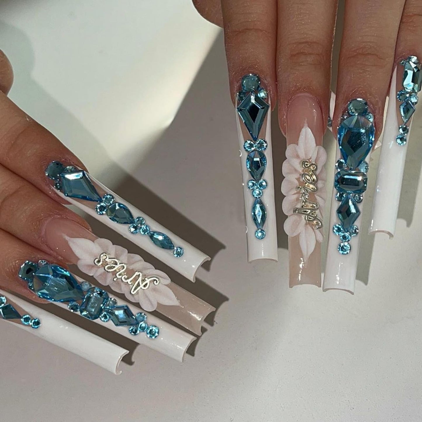 Yzzseven 14 Types of 700 Lake Blue Diamonds + 2100 Flat Rhinestones Mix 20 Styles Flatback DIY Crafts Rhinestone Crystals 3D Ornament‌s Flat Back Stones Set + Tweezers + Drill Pen