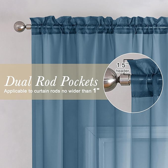 Lecloud Dusty Blue Sheer Curtains 63 Inch Length 2 Panels, Light Filtering Voile Curtain Drapes for Kitchen Bedroom Windows, Dual Rod Pocket Living Room Sheer Curtains, 40 W x 63 L Inches