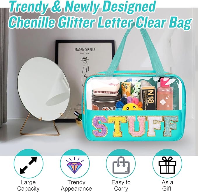 Preppy Clear Stuff Makeup Bags with Chenille Letter Patches, Travel Essentials Large Clear Make up Bag Zipper Pouch with Handle, Waterproof Nylon Cosmetic Toiletry Storage Tote for Women (STUFF-Green)