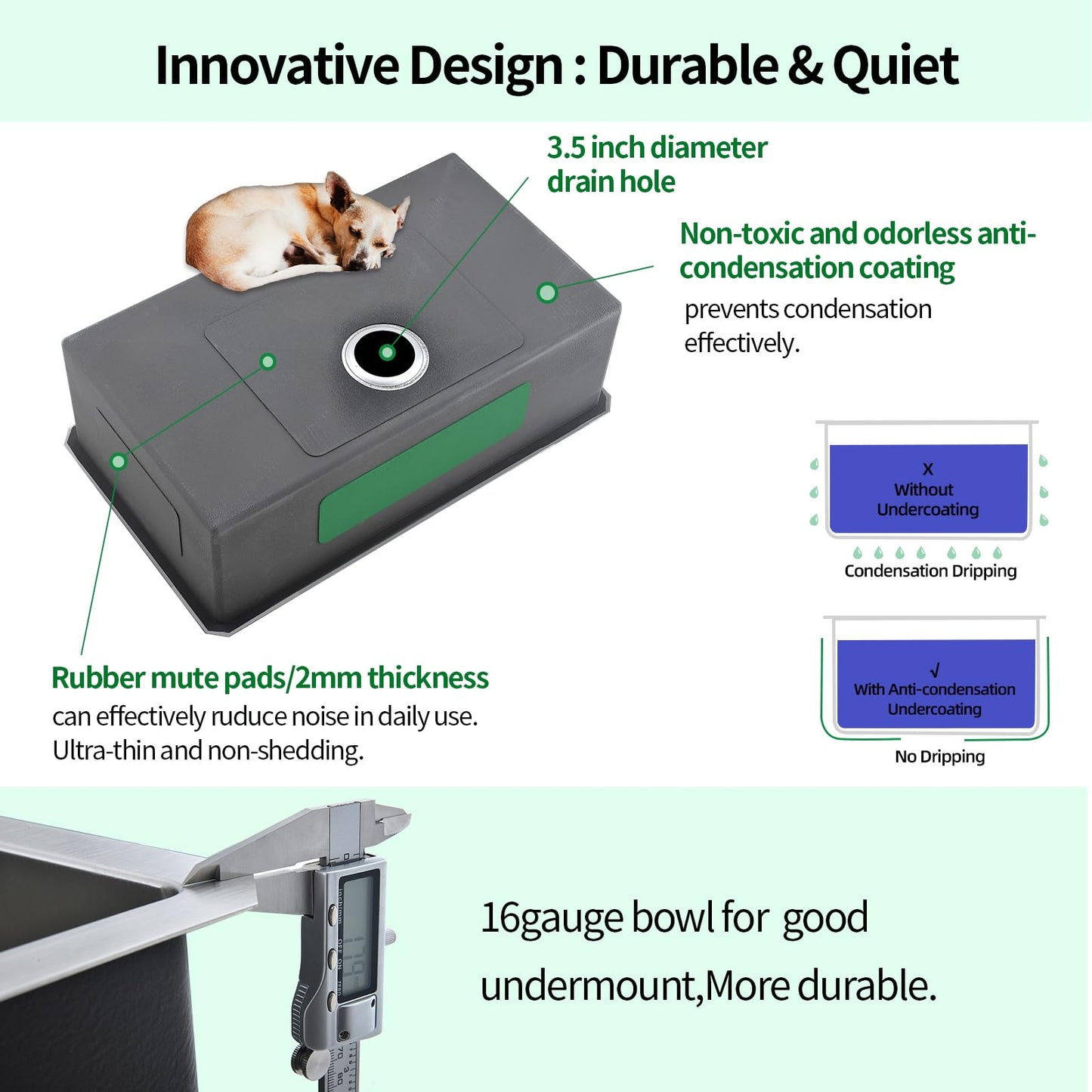 EcoChannels Undermount Kitchen Sink, 28 x 19 Inch Sink Kitchen16 Gauge Stainless Steel Outdoor Laundry Kitchen Sinks Single Bowl