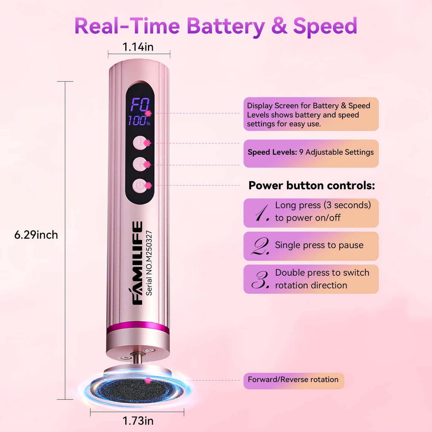 FAMILIFE Electric Foot File Callus Remover – Rechargeable Pedicure Tool with Display Screen, Replaceable Sandpaper Discs, Forward & Reverse Rotation, for Men and Women