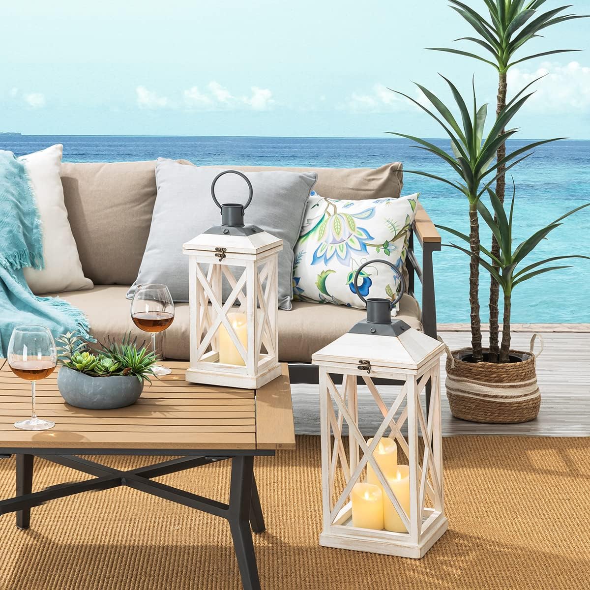 Glitzhome Mondern Farmhouse Wooden Lantern Hanging Decorative Candle Lantern for Outdoor & Indoor Wash White Set of 2 (No Glass)