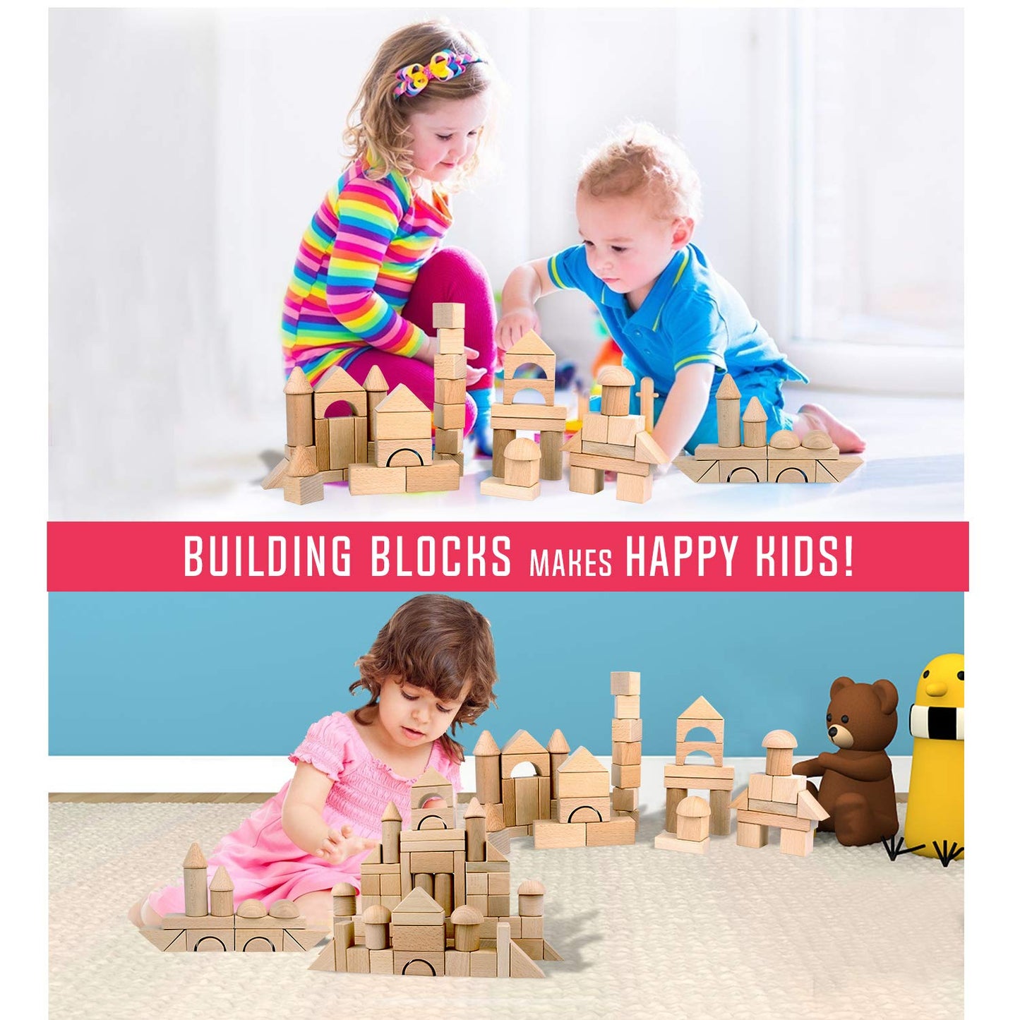 Migargle Wooden Building Blocks Set, 80-Pcs Preschool Stacking Construction Educational Toys for Kids Ages 3+