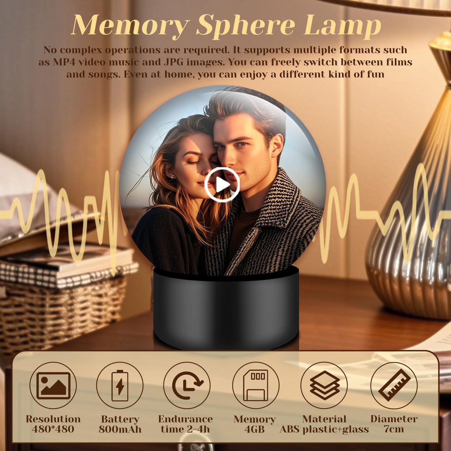 Memory Sphere Lamp, Crystal Ball Video Player 2.8" Memory Orbs Ornament 4GB Uploadable Videos & Photos, Personalized Unique Desk Night for Couples Friends Birthday Christmas (Blue Memory Orb WIFI)