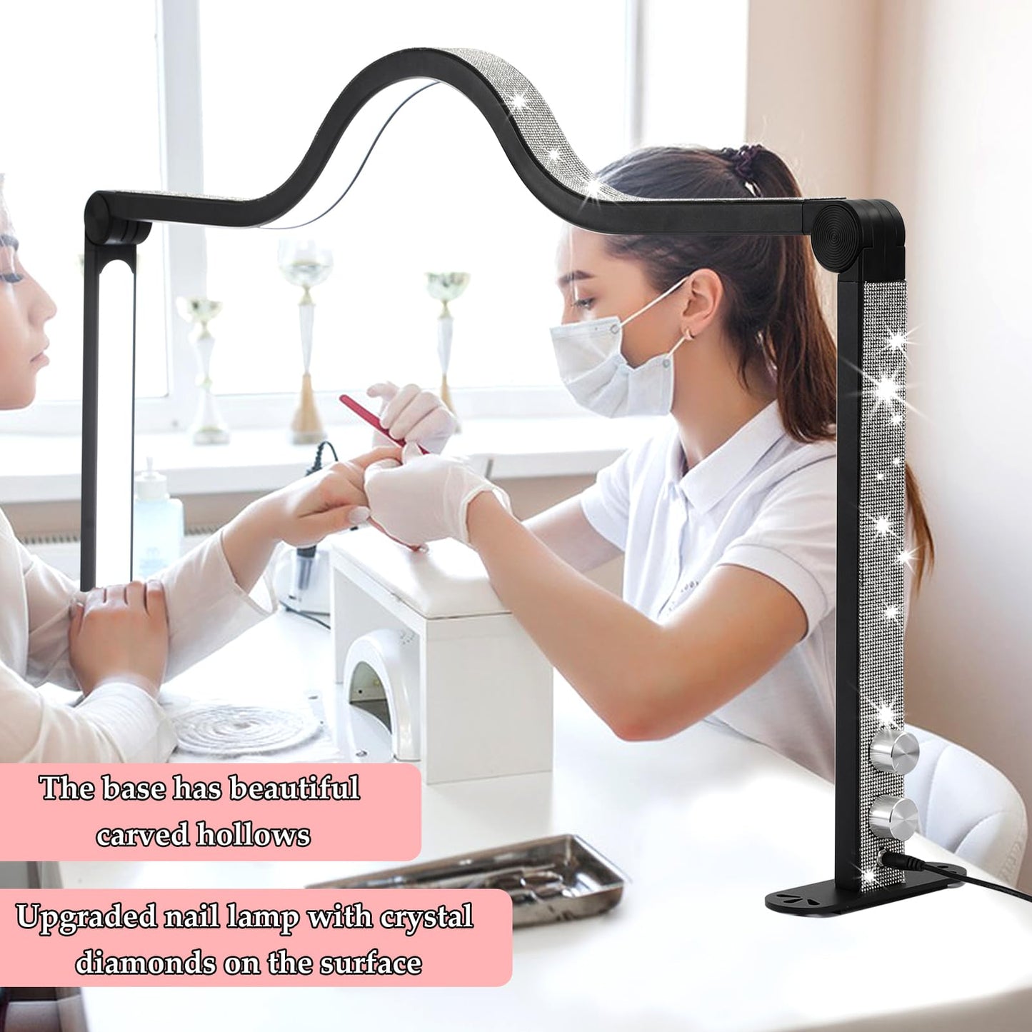 XCCFFSH Half Moon Light for Nail Desk, 34In Foldable Square Nail Tech Lamp with Phone Holder, Brightness Adjustable LED Nail Light, for Lash Eyelash Extension, Tattoo, Eyebrows, Crafts, White