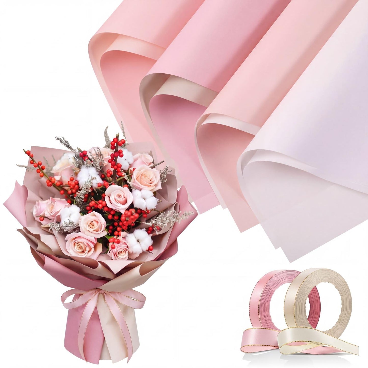 Gersoniel 36 Sheets Double Sided Waterproof Bouquet Wrapping Paper with 2 Rolls Satin Ribbon for Wedding Mother's Day 2026 Graduation Birthday DIY Flower Packing(Pink Series)
