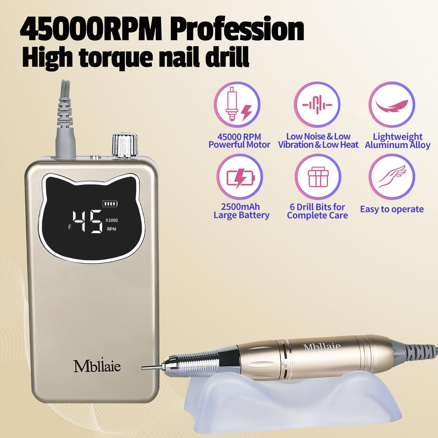 Professional Nail Drill File 45000RPM Electric Portable Kit with Rechargeable 8 uñas Bits Cordless Efile for Gel Acrylic Remover Home Salon Manicure Base Tool (Gold)