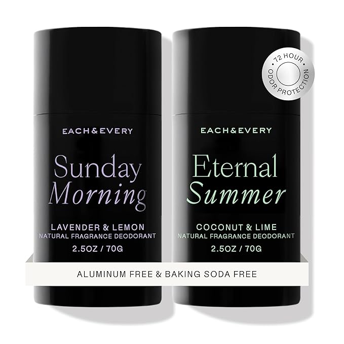 Each & Every Aluminum Free Deodorant for Women & Men, Lavender & Lemon + Coconut & Lime - All Natural Deodorant for Sensitive Skin, EWG Verified - Clean, Baking Soda-Free, Plant-Based - 2.5oz, 2 Pack