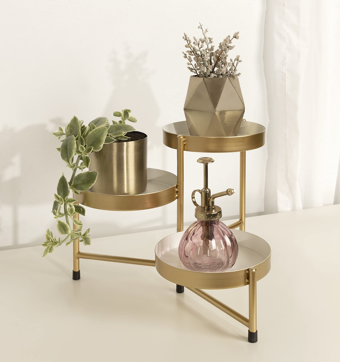 Kate and Laurel Finn 3-Tiered Plant Stand; 7.25 x 7.25 x 10; White and Gold; Decorative Layered Tabletop Plant Stand for Display and Storage
