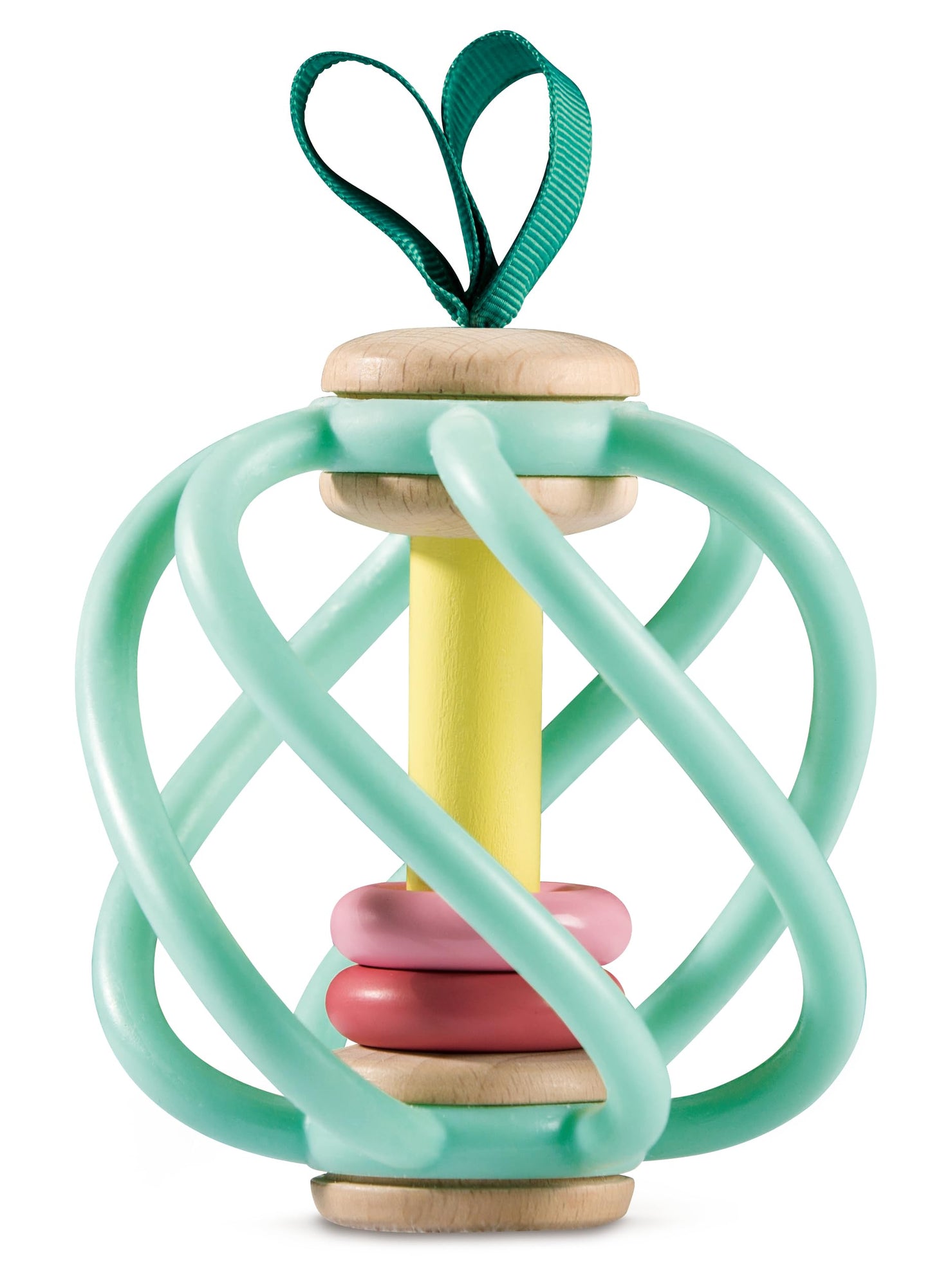 Hape Apple Grab Toy - Silicone & Wood Baby Rattle & Teether – Sensory Development Toy with Gentle Sound, Soft Chewable Rings, Easy Attachment for Crib & Stroller – for Babies 0-18 Months