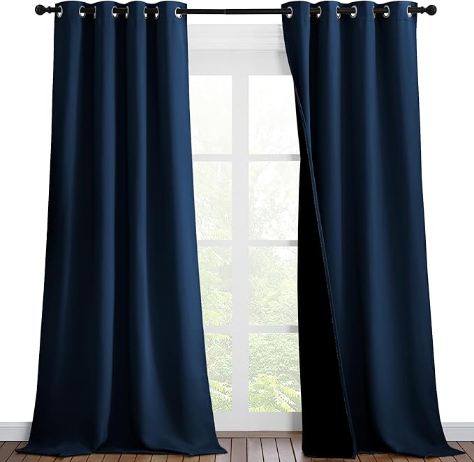 NICETOWN 100% Blackout Blinds, Set of 2, 46 inches x 96 inches, Laundry Room Decor Window Treatment Curtains for Large Patio Sliding Door, Thermal Insulated Moroccan Blue Curtains for Bedroom