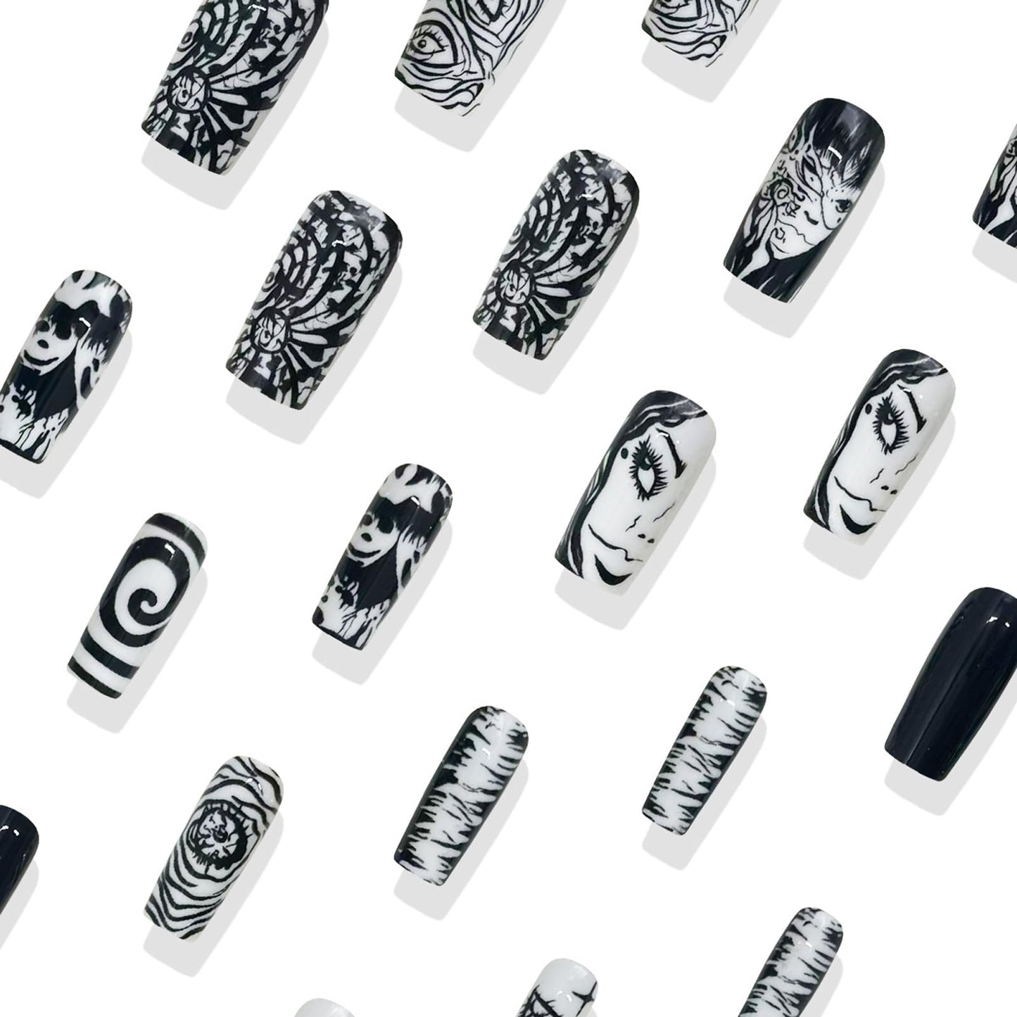 IMRAIN Long Press on Nails Square Fake Nails Black White Pattern Acrylic False Nails with Designs Full Cover Glossy Glue on Nails for Women