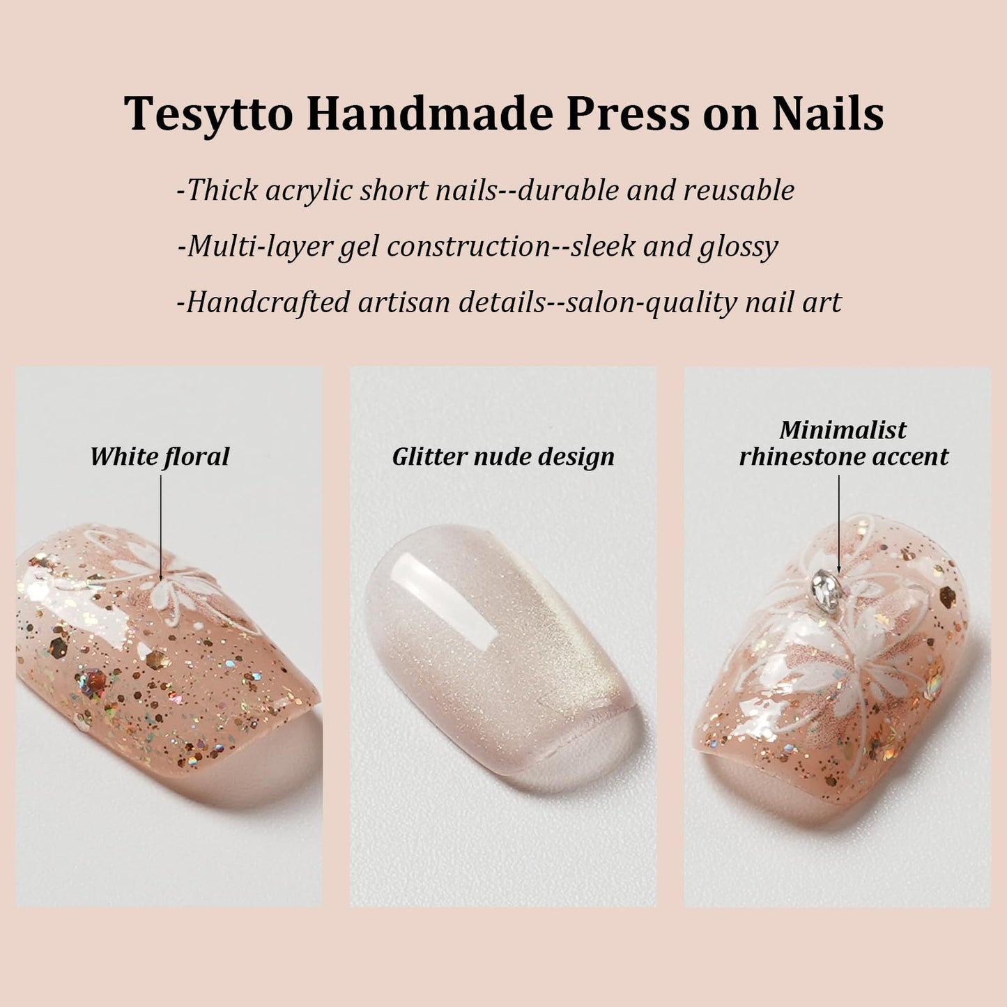 Tesytto Handmade Press on Nails Glitter Short Coffin, Nude Pink with Flower & Butterfly Pattern, Reusable Full Cover False Nails 10Pcs (Warm Glossy Dream,M)