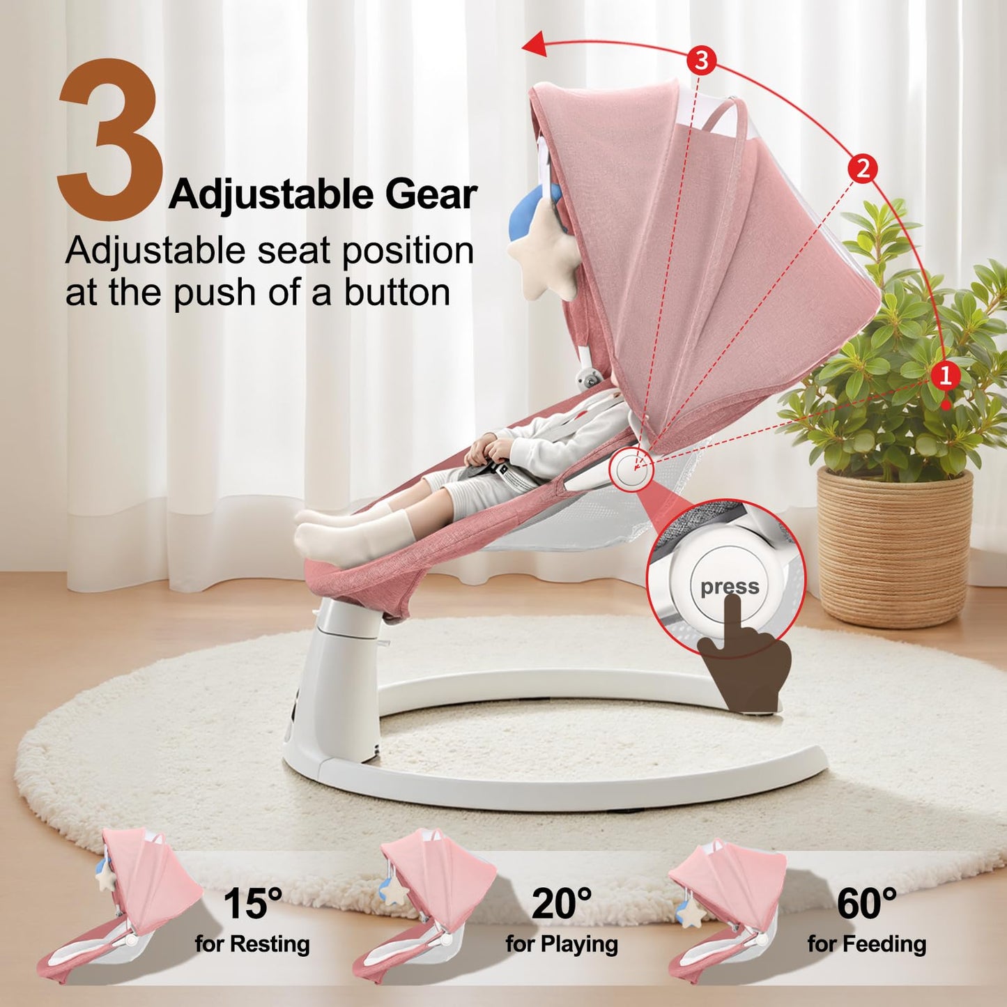 Baby Swing for Newborn to Toddler, 5 Speed Portable Infant Swing with Smart Touch Control, Remote Control, 10 Lullabies, Timer, 5 Point Harness and Soft Fabric (Pink)