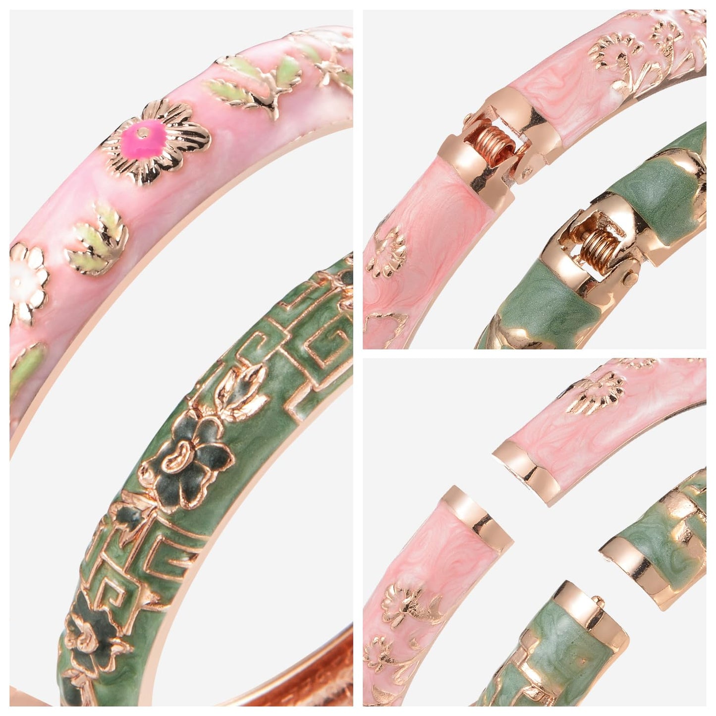UJOY Gorgeous Bracelets Enameled Floral Cloisonne Gift Plated Cuff Bangles Jewelry Sets Box for Women 55A18-55A114 Pink Green