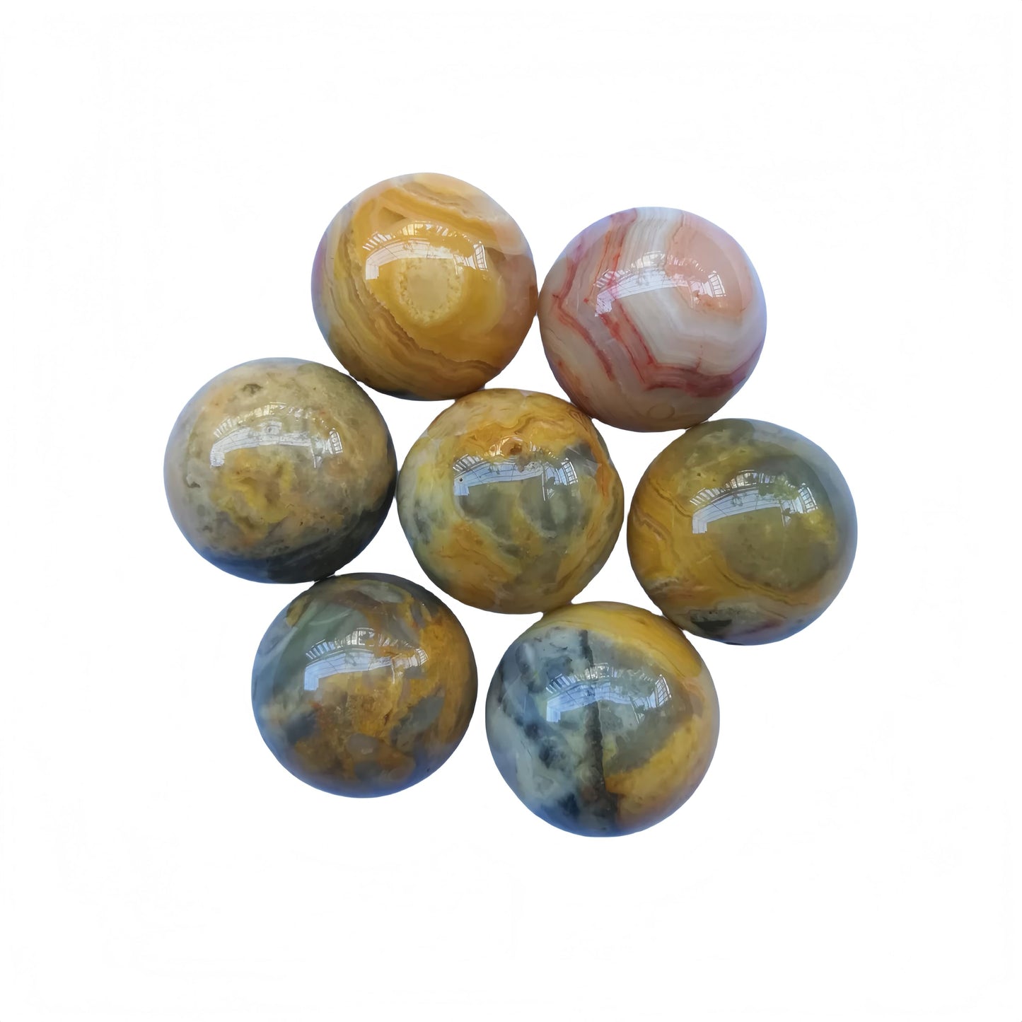 Sunshcat Natural Yellow Crazy Lace Agate 0.78 Inchs Crystals and Healing Stone Ball Set,Home Desktop Feng Shui Array Decoration(7 Pieces) ﻿
