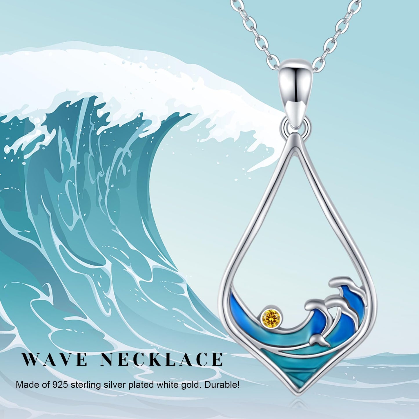 Twoowl Ocean Wave Necklace 925 Sterling Silver Beach Pendant Necklace Beach Jewelry Gifts for Women