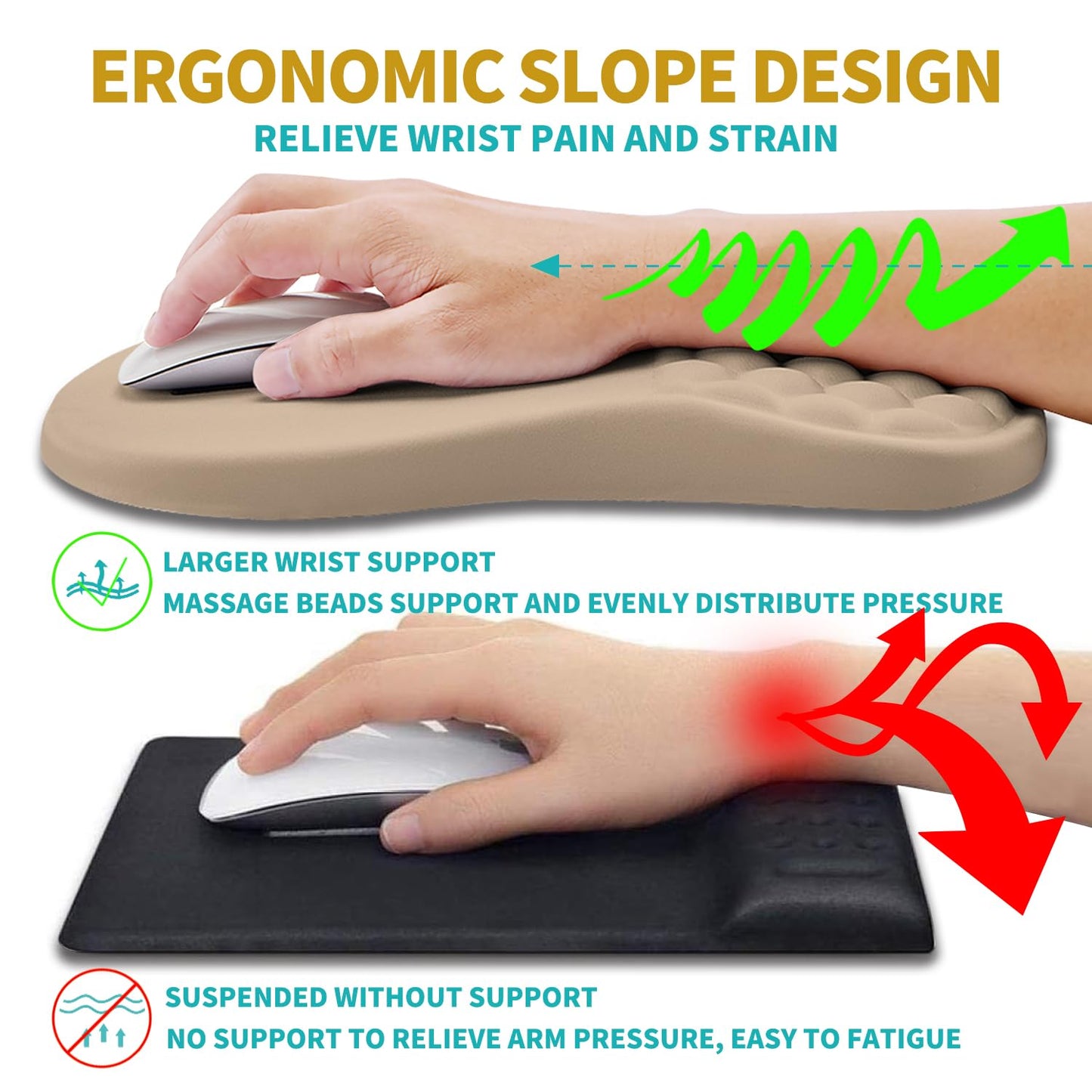 Hokafenle 2 in 1 Ergonomic Mouse Pad Wrist Support & Wrist Rest for Computer Keyboard Set, with Relieve Carpal Tunnel Pain Massage Bulge and Full Memory Gel Design (2In1 Set, Sand Color)