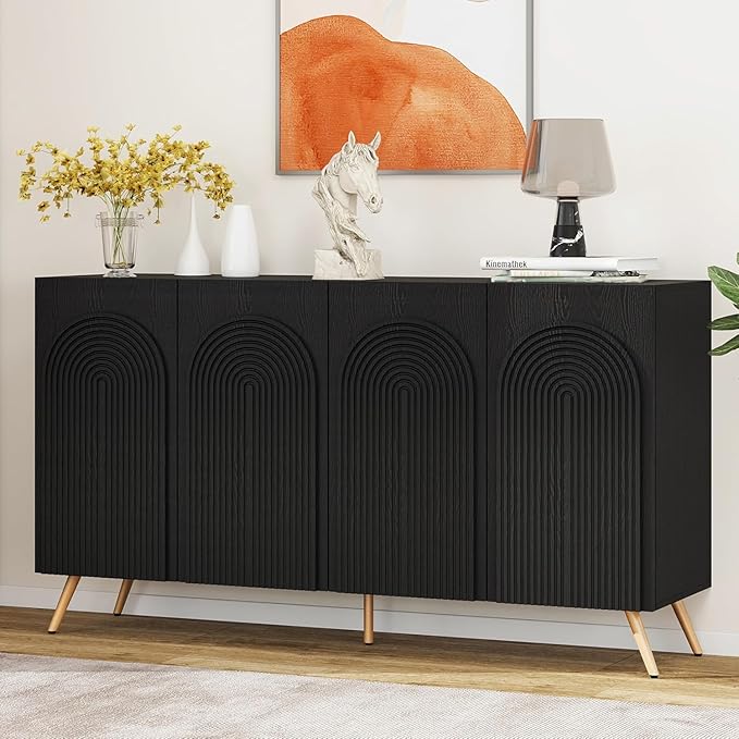 Sideboard Buffet Cabinet with Adjustable Shelves, Modern Storage Cabinet with Arched 3D Carved Wood Doors, Credenza Accent Cabinet for Living Room, Dining Room, Entryway (59" Arched Black, 1)