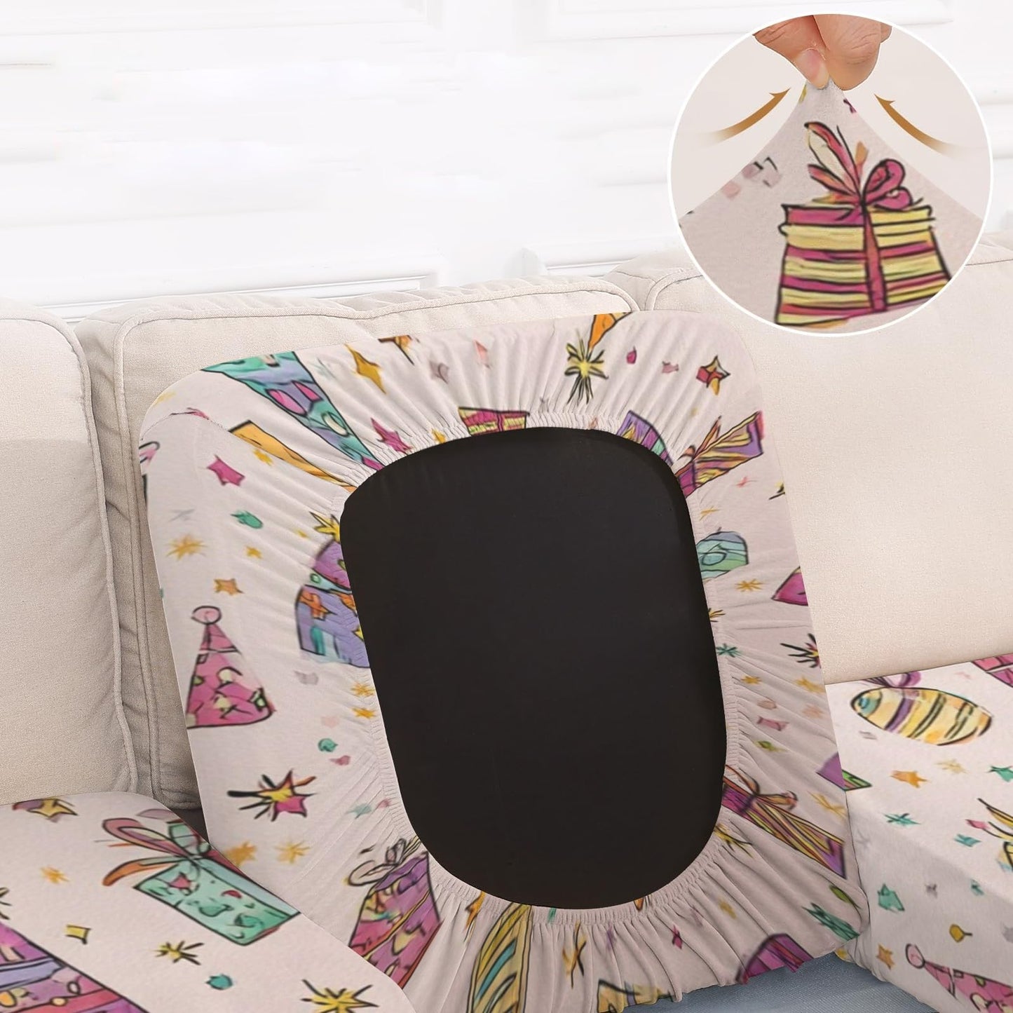 pnyoin Colorfule Gift Box Stretch Individual Seat Sofa Cushion Covers Elastic Couch Cushion Cover Slipcover Sets -3 Piece Sofa Cushion Covers