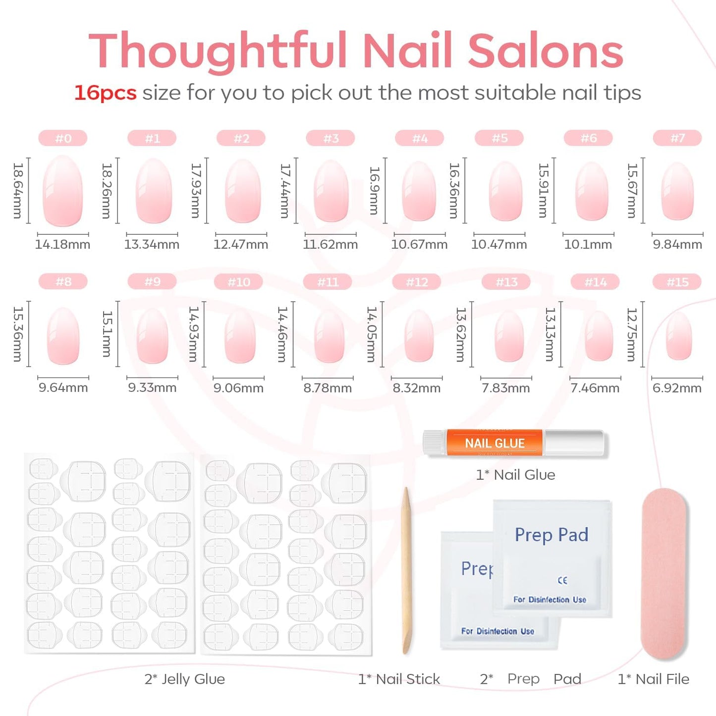 Modelones Press on Nails Short, Oval Spring Fake Nails, Reusable Nail Kit with Nail Glue Adhesive Tabs Mini Nail File, Nails Press Ons 32Pcs 16Sizes, Women Girl Gift, Pink Ombre