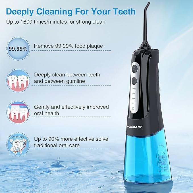 Cordless Water Dental Flosser Teeth Cleaner, INSMART Professional 300ML Tank DIY Mode USB Rechargeable Dental Oral Irrigator for Home and Travel, IPX7 Waterproof 4 Modes Irrigate for Oral Care Blue