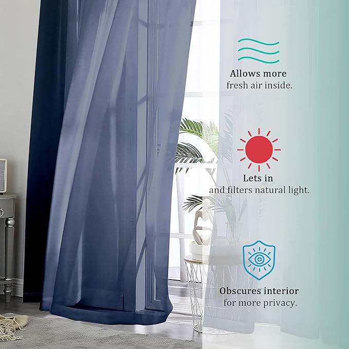 OVZME 2 Panels Sheer Window Curtain Panels 96" Length for Bedroom, Top Rod Pocket Design Window Treatment for Living Room, 42W x 96L inches, Navy Blue