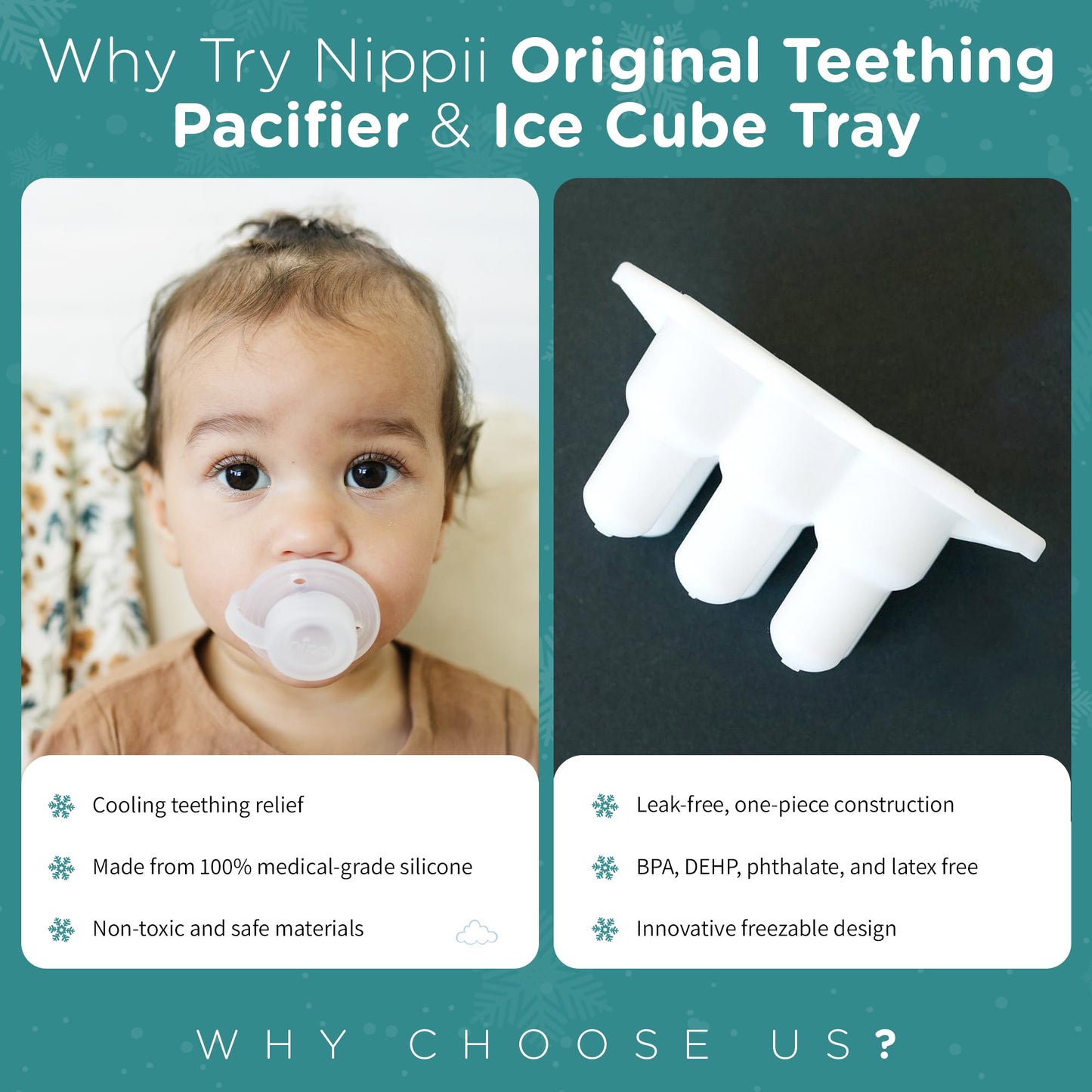 Nippii Freezer Teether Pacifier & Ice Cube Tray - Soft Silicone Freezable Teething Paci for Baby Teething Relief - Cold Teething Toy for 0-9 Months - BPA Free, Medical Grade & Easy to Clean
