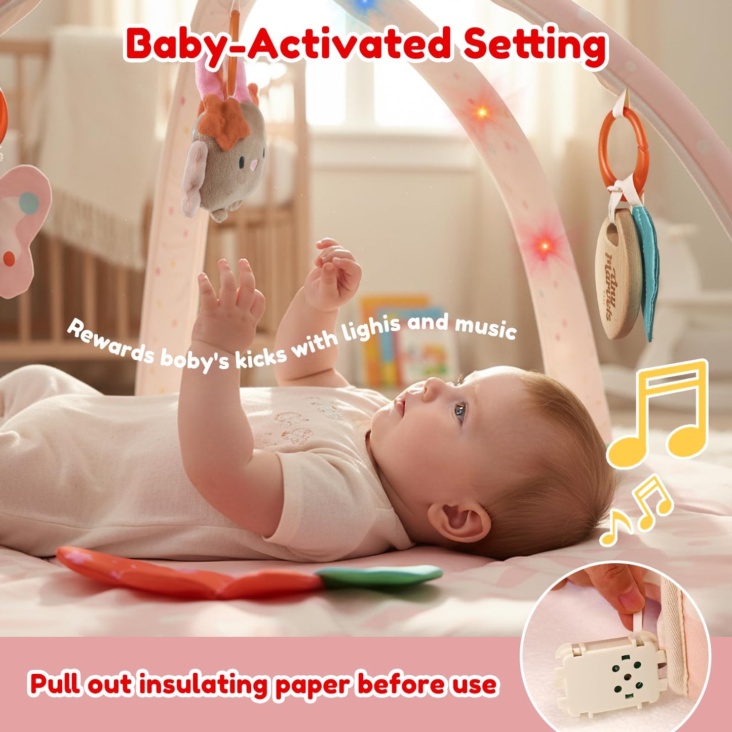 Baby Play Gym & Activity Mat with Light-up Musical Arch, Washable Tummy Time Mat with 6 Detachable Sensory Toys for Motor Skills, Baby Essentials Shower Gift - Updated Spring Blossoms Themed