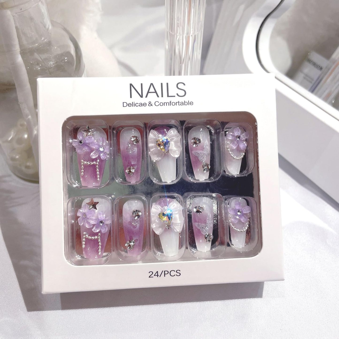 SINHOT Luxury Press on Nails - Long Coffin Fake Nails 3D Handmade Purple Flowers Reusable False Nails with Rhinestone Designs,DIY Artificial Nail Art, 24pcs