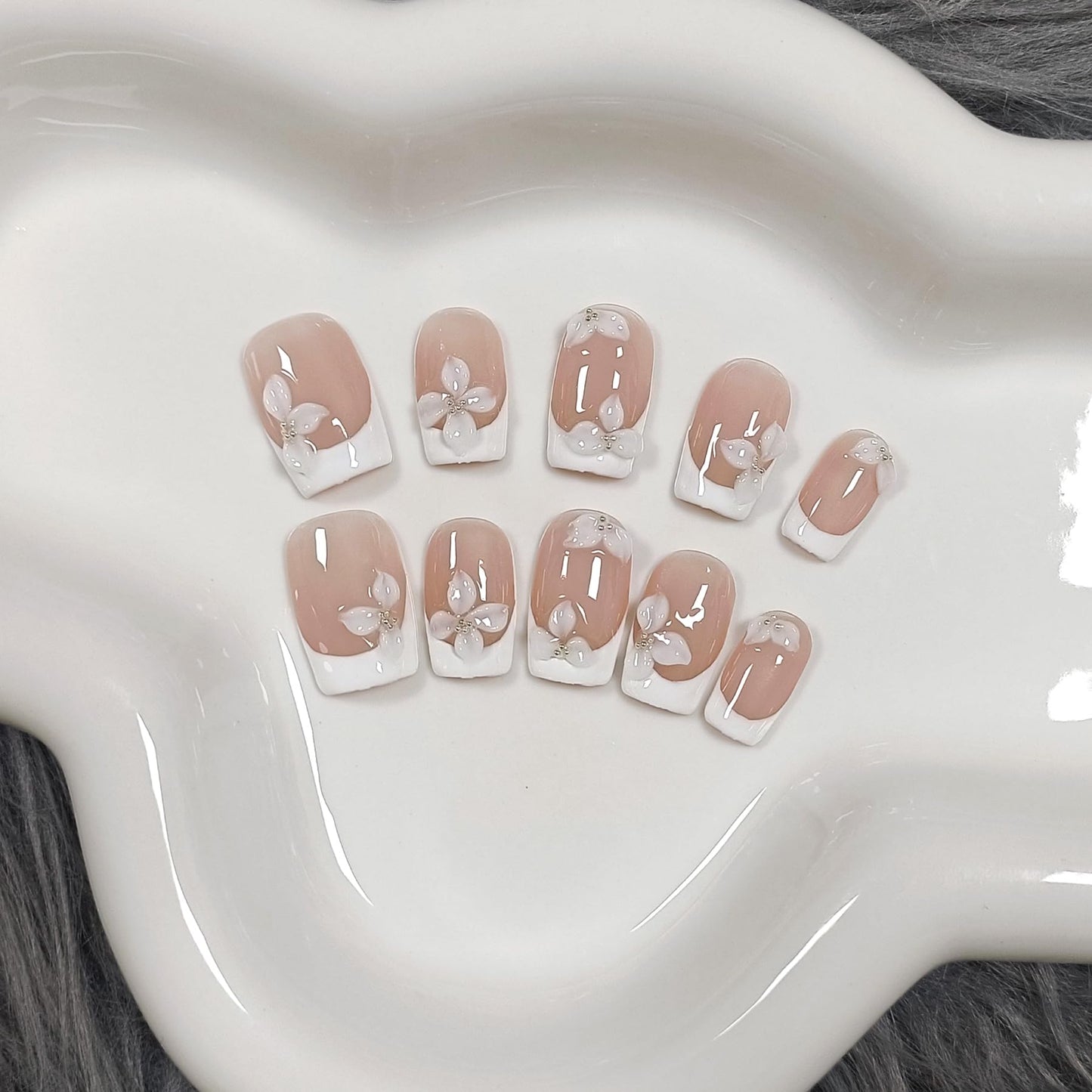 TENPAL 10Pcs Handmade Press On Nails Medium With Tools,Nude White French Tip Square Fake Nails with Designs,Hand-Painted White Floral Sculpted Salon Acrylic Glue on Nails for Wedding Party Daily(XS)