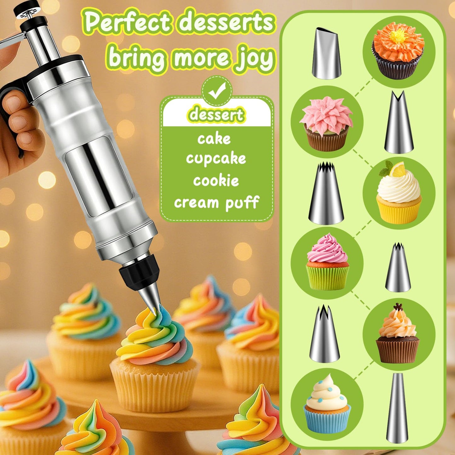 FANTEXY Dessert Decorating Syringe Set, Stainless Steel Icing Piping Kit Cake Decorating Tools with 6 Piping Icing Nozzles Cupcake Decorating Kit