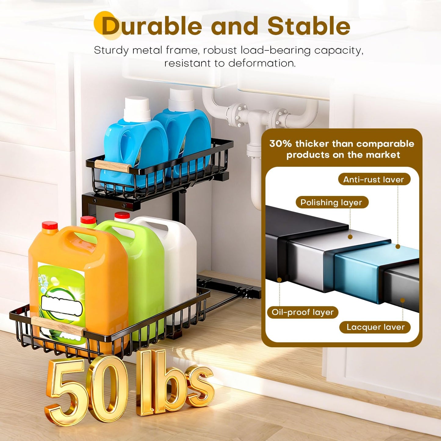 ZELOREA Under Sink Organizer, Heavy-Duty & Rust-Resistant Carbon Steel Metal, 2 Tier Pull Out Under Bathroom Sink Storage, Adjustable Height (13.8" -16.9"), Organizer for Kitchen Cabinet(2PCS,Black)