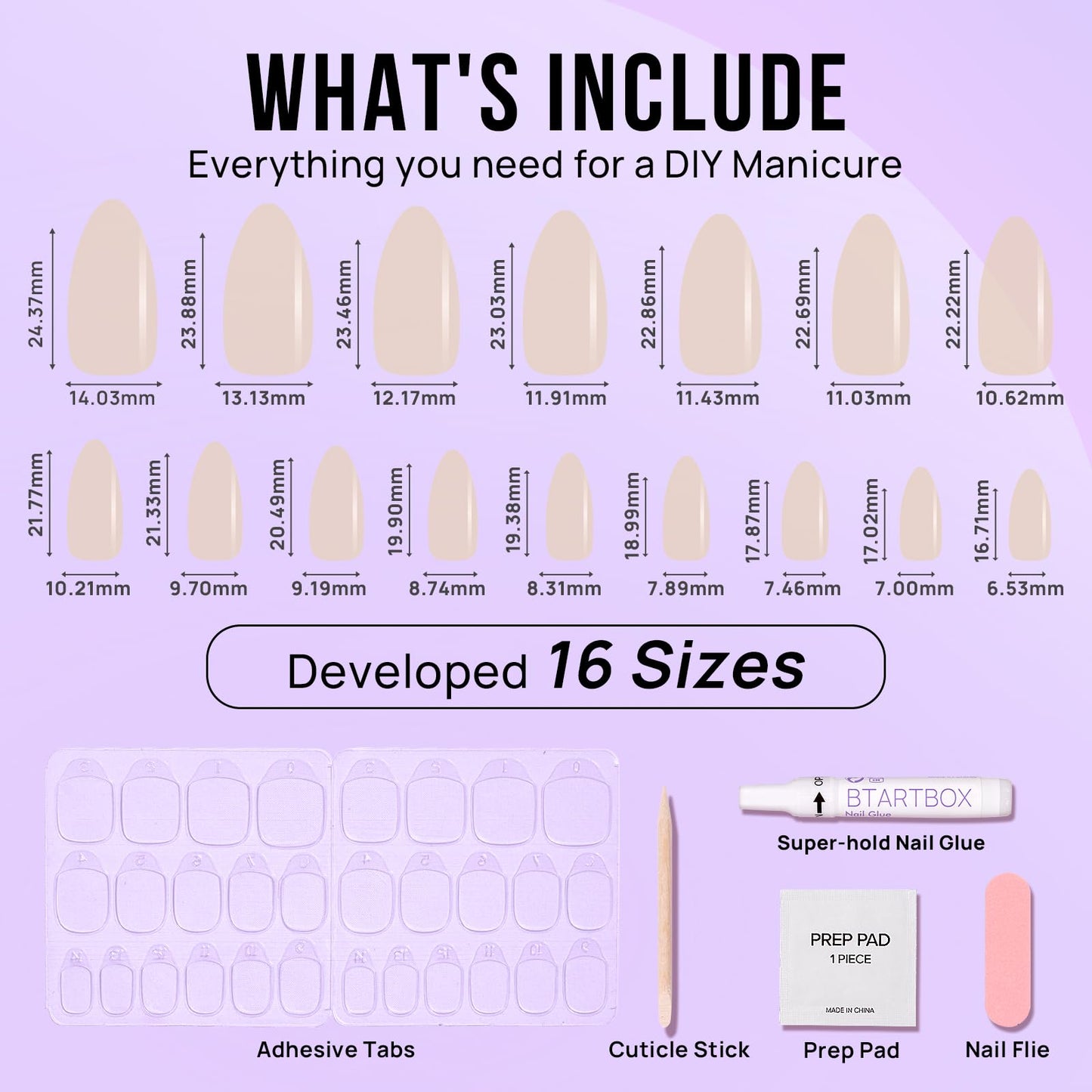 BTArtbox Press On Nails Medium Almond - Press on Nails Chrome Nails, Light Weight & Fit Perfectly Fake Nail with Nail Glue, Nude Glue On Nails in 16 Sizes, Glazed Donut
