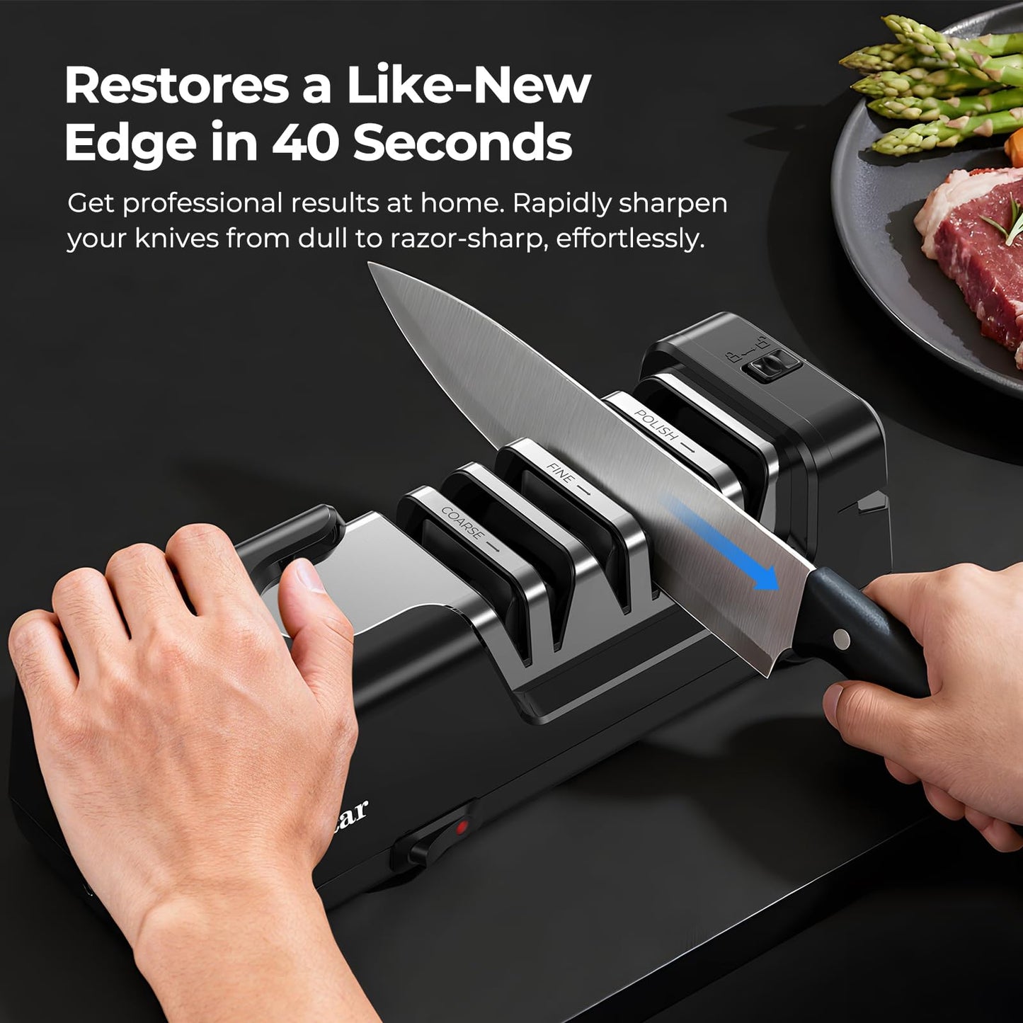Dawnstar Electric Knife Sharpener, Precise 20° Diamond Knife Sharpener for Kitchen Knives, Quick Repairing in 40 Seconds, with Metal Dust Collection Box & Special Port for Scissors, Black