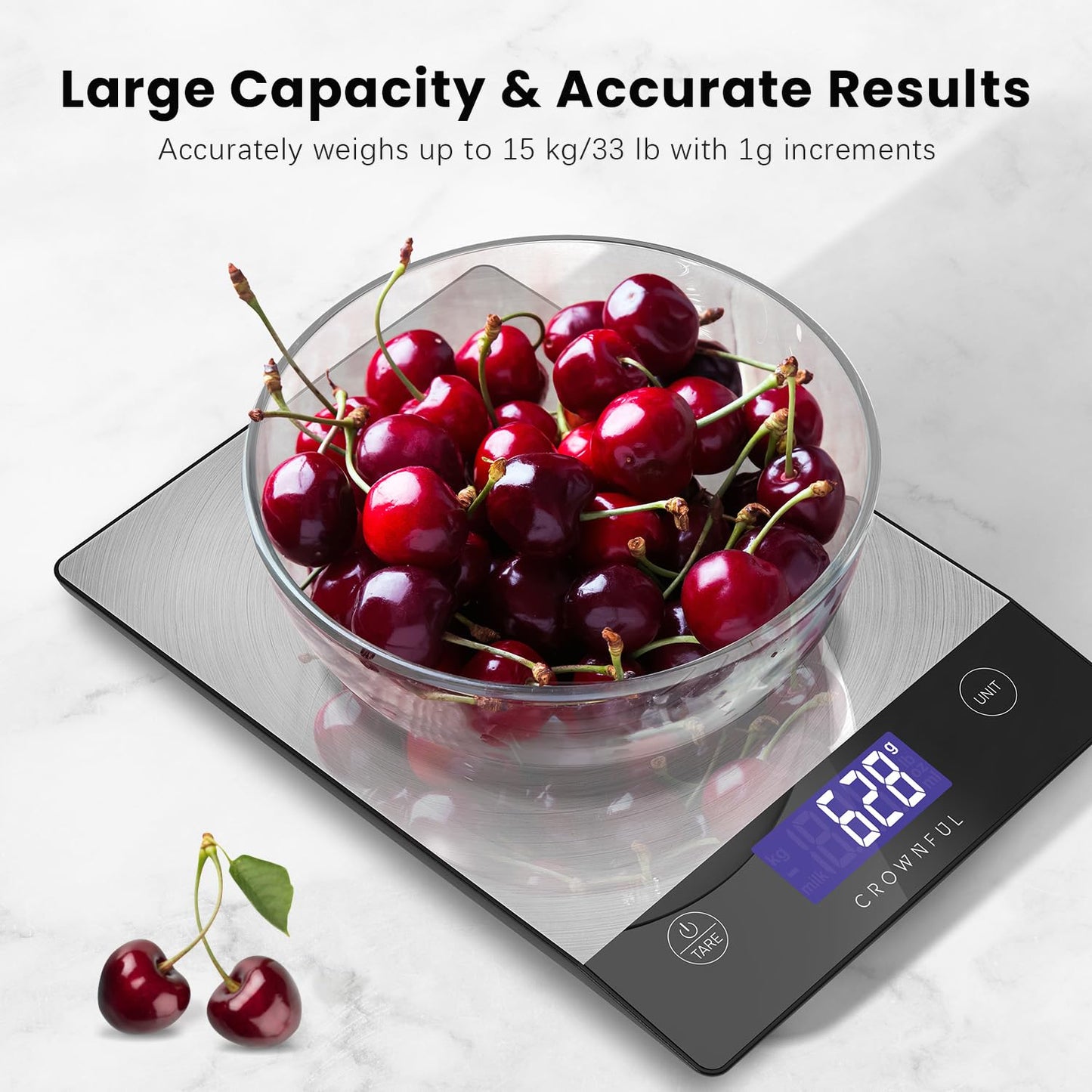 CROWNFUL Food Scale, 33lb Rechargeable 304 Stainless Steel Digital Kitchen Scale Weight Grams and Ounces with LCD Display and Type-C Charging for Meal Prep, Baking and Cooking
