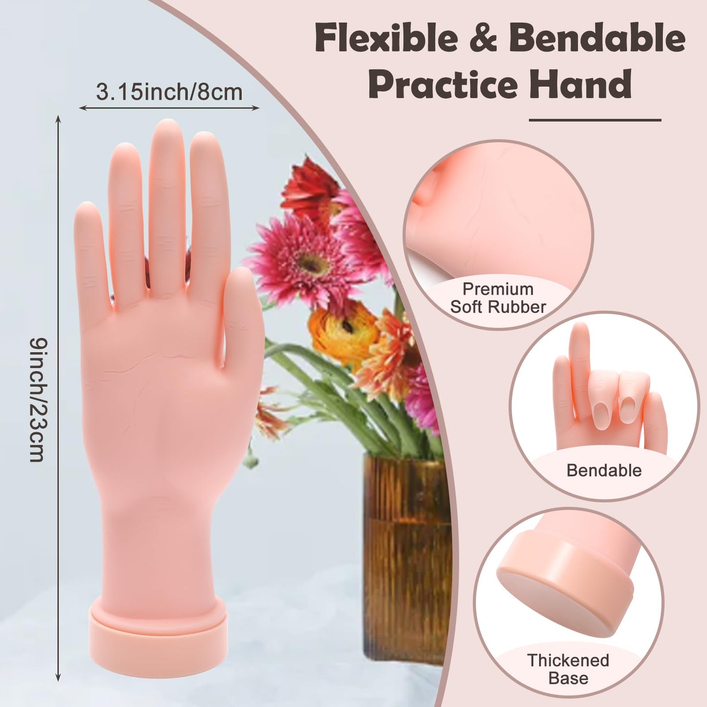 Coitak Practice Hand for Acrylic Nails, Flexible Fake Hands, Manicure Training Hand Nail Kit for Beginners, Nail Practice Hand with 200PCS Nail Tips, Nail Glue Stickers, Brush and Clipper