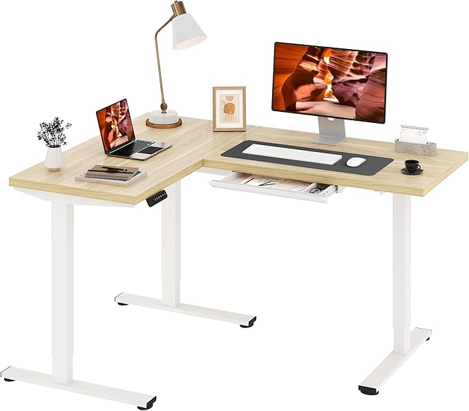 L-Shaped Standing Desk, 63 x 47 Inches Height Adjustable Desk with Storage, Sit and Stand up for Work Office Home, Ergonomic Rising Computer Table for Home Office with Splice Board, Maple