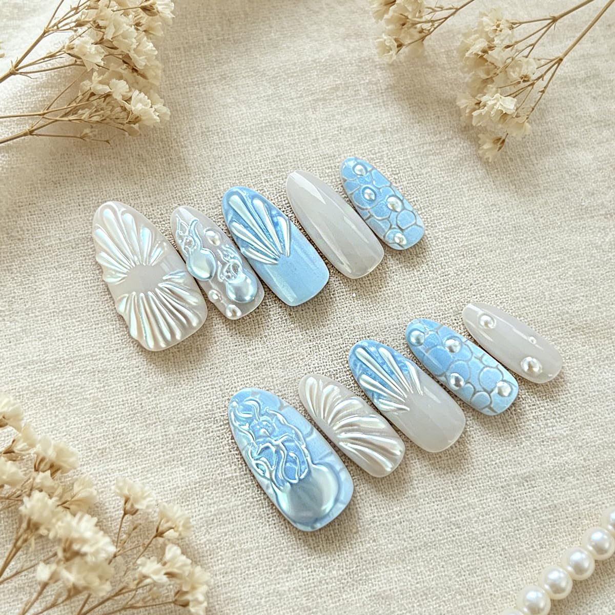 3D Press On Nails Almond Medium Light Blue Fake Nails with Embossed Fan-Shaped Pattern Pearl Embellishment Designs, Acrylic Artificial Nail Press ons False Stick On Nails for Women Girls 30Pcs