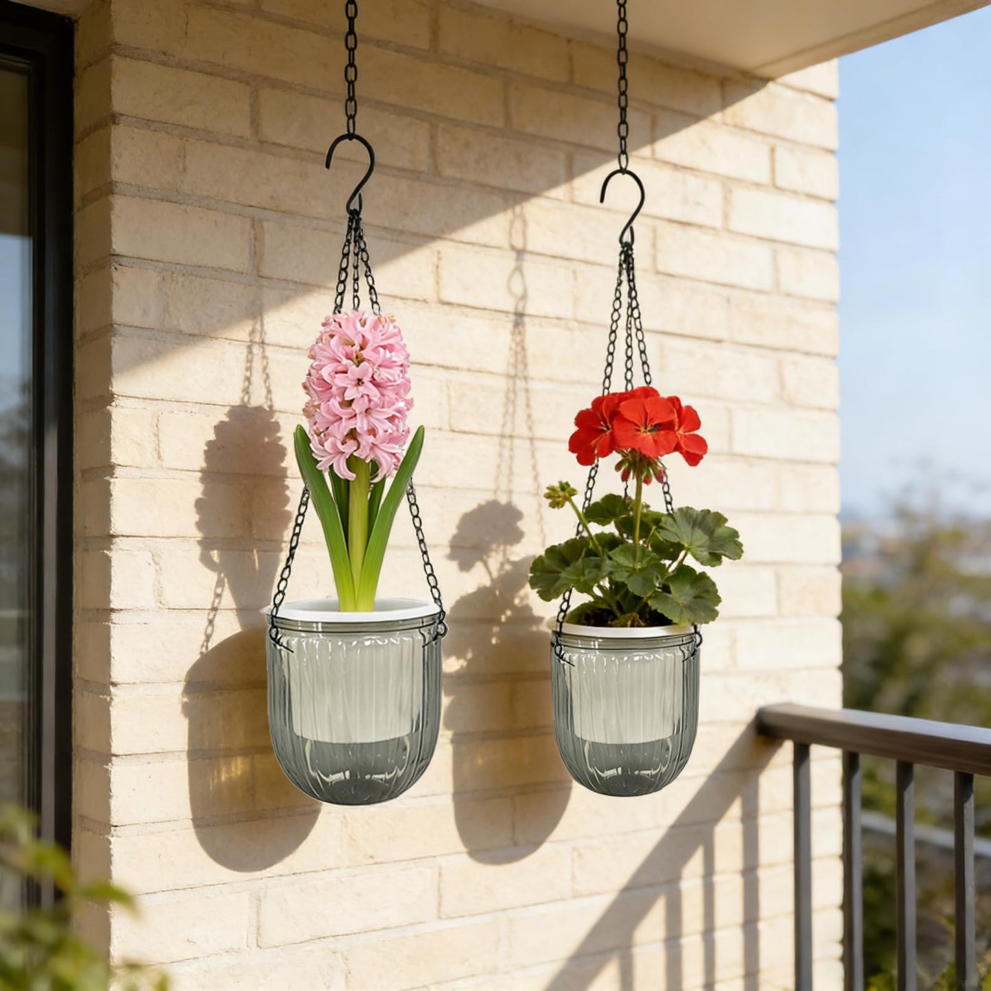 CONEHOY 8 Pcs Self Watering Hanging Planters with 3 Hooks Drainage Holes 6.5'' 4.5'' Self Watering Plant Baskets Hanging Flower Pots for Outdoor Indoor Gift Home (Gray)