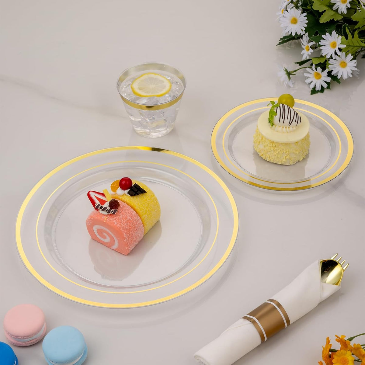 350 PCS Transparent Base With Gold Edge Plastic Dinnerware Set for 50 Guests, 100 Plates for Party, 50 Pre Rolled Napkins with Gold Silverware, 50 Cups