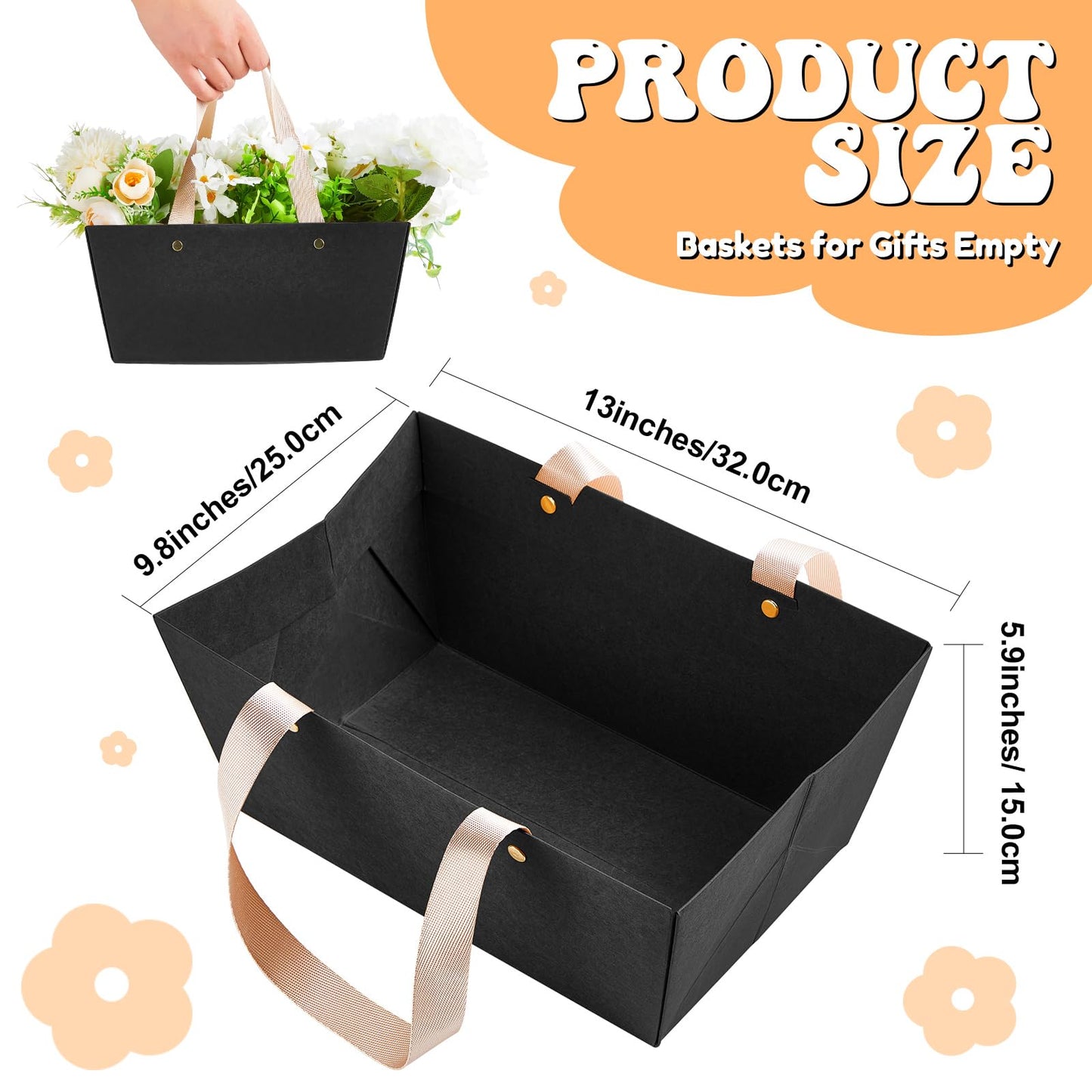 Tuanse 30 Pcs Basket for Gift Empty DIY Bulk Gift Basket Kit with Handle Kraft Cardboard Tray with 30 Bag 30 Bow Market Tray for Wedding Party(Black,12.6 x 9.8 x 5.9 in)
