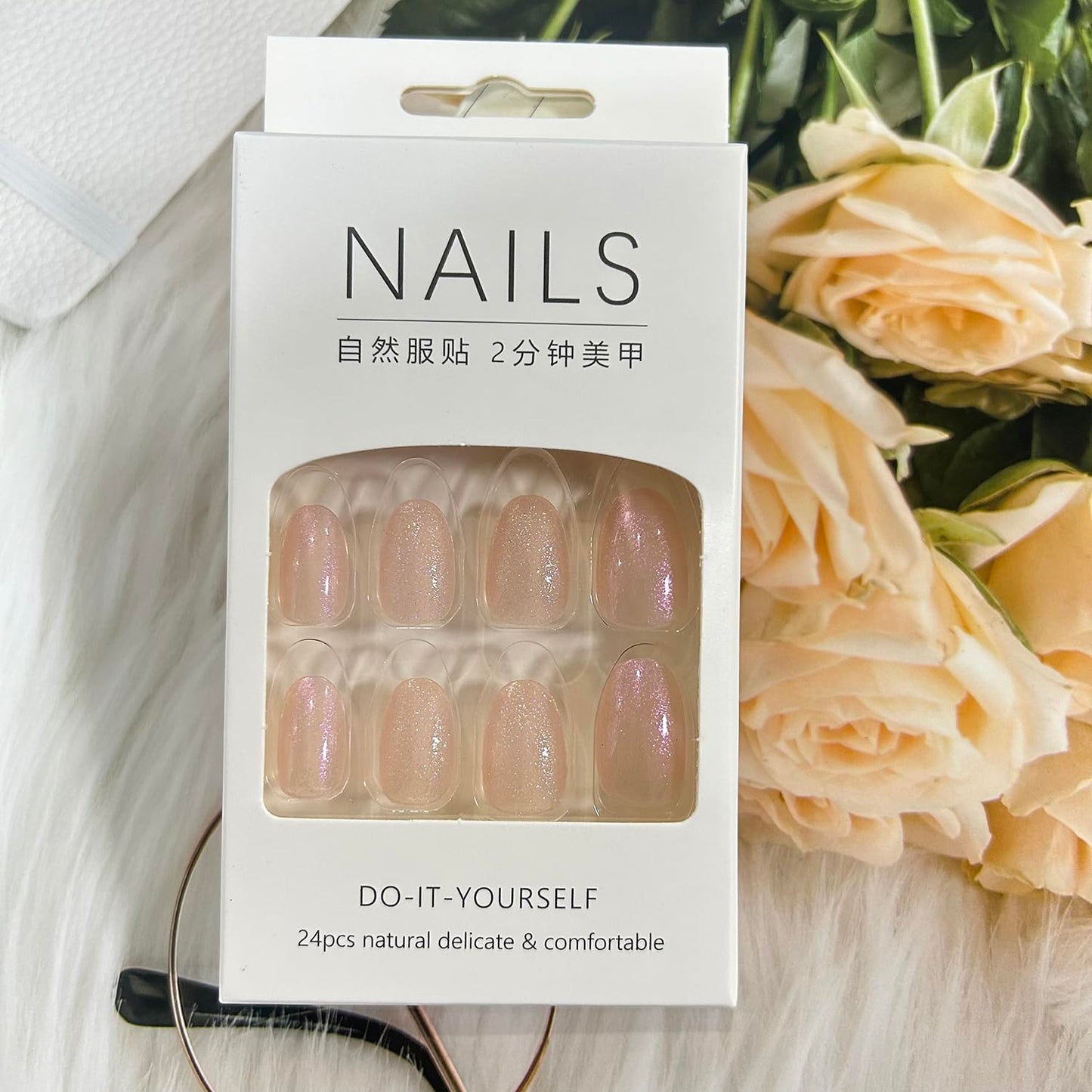 Press on Nails Oval Short, Artificial Fake Nails with Nude Powder Design, Full Cover Reusable Coffin Shaped Glossy False Nails, Simple Sweet Acrylic Nails, Glue on Nails for Women Set 24Pcs