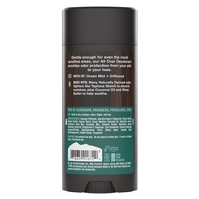 Every Man Jack All Over Deodorant - 24 Hour Whole Body Odor Protection - Aluminum Free - Coastal Surf Scent 2.6 oz (1 Pack)