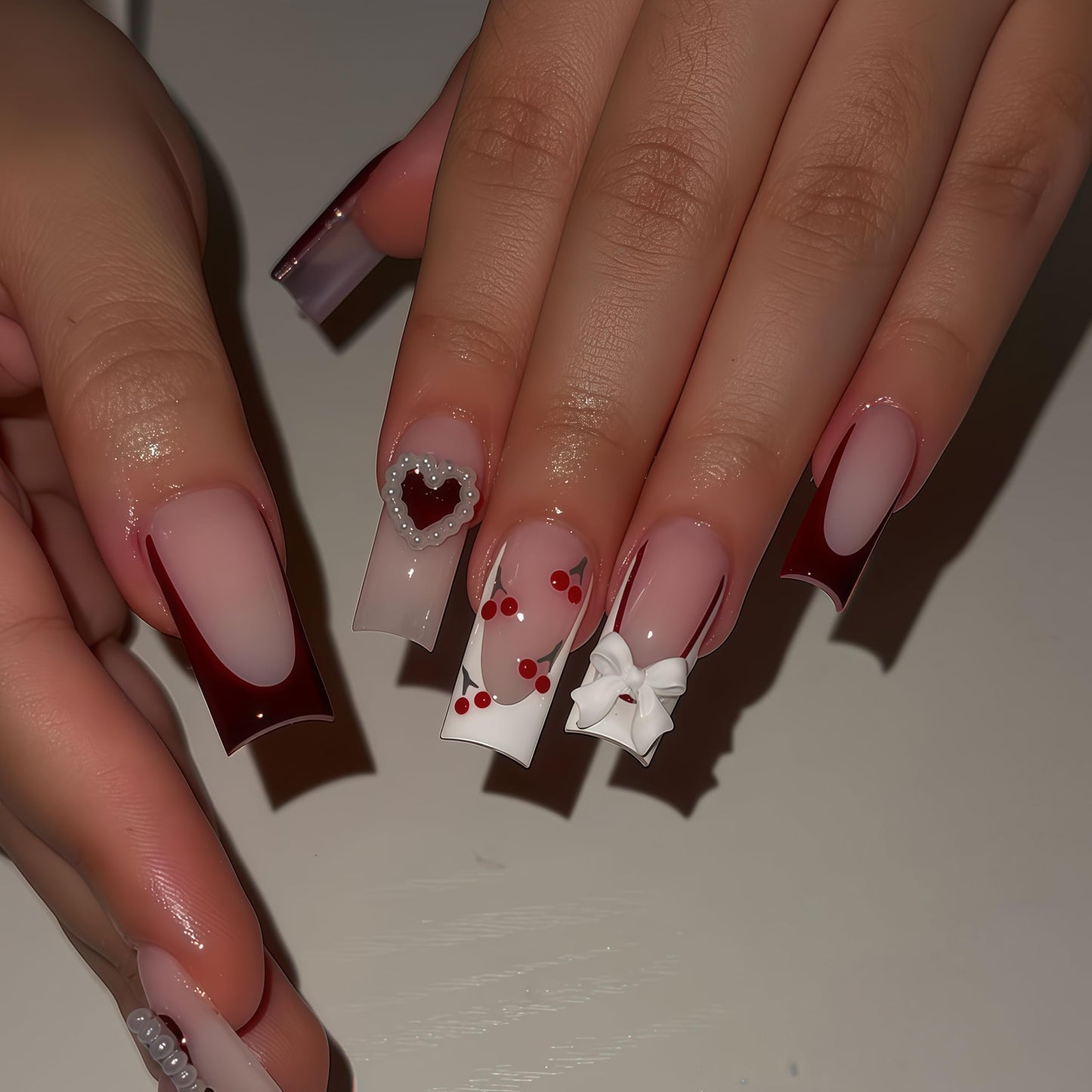 Long Press on Nails Square Fake Nails White Acrylic Nail Press Ons Seeneey Bow and Cherry Designs Cute Stick on Nail for Women 24pcs