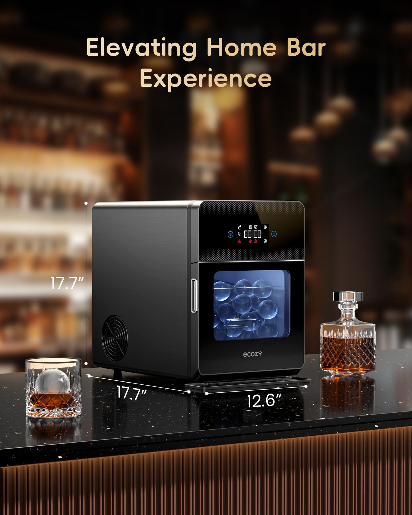 ecozy 2" Clear Ice Ball Maker Countertop with CrystalFlux Technology, 4 pcs in 40 Mins, 144 pcs/Day, Sphere Ice Maker with Enhanced Insulation, Automatic Water Supply, Self-Cleaning for Whiskey Bar